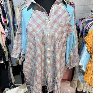 Plaid Button-Up Shirt with Blue Sleeves